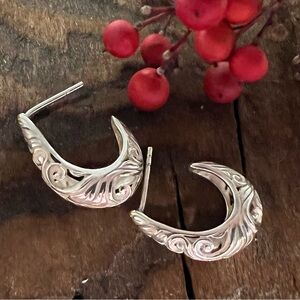 Filigree Bali Sterling Earrings Huggies Silver U Shape Half Hoop Basket Floral
